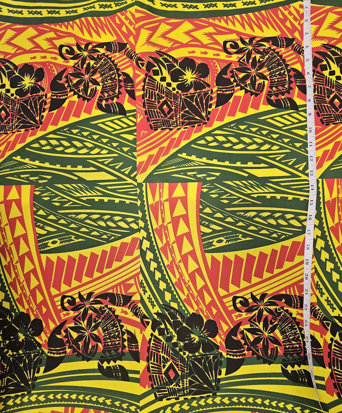 Turtle tribal panel - red yellow green - cotton