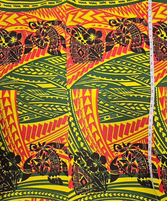 Turtle tribal panel - red yellow green - cotton